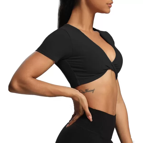 Aoxjox Short Sleeve Crop Tops for Women Sienna Twist Deep V Workout Crop T Shirt TopBlack