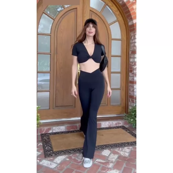 Aoxjox Short Sleeve Crop Tops for Women Sienna Twist Deep V Workout Crop T Shirt TopBlack