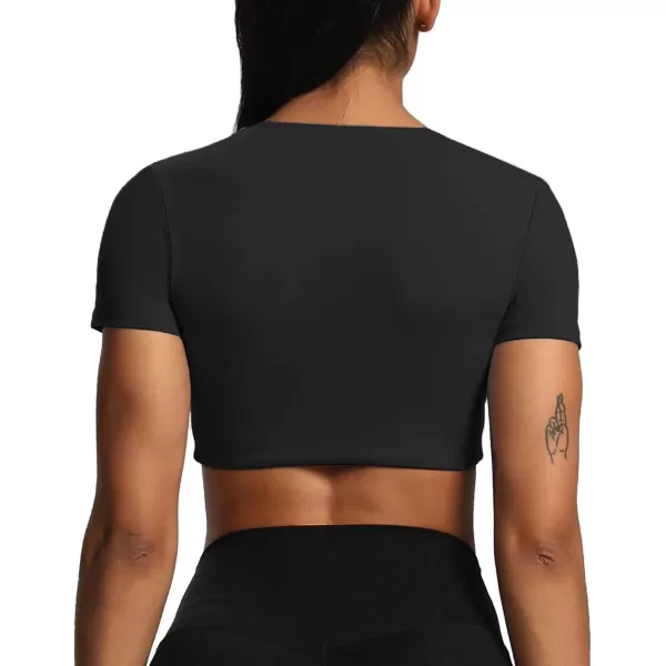 Aoxjox Short Sleeve Crop Tops for Women Sienna Twist Deep V Workout Crop T Shirt TopBlack