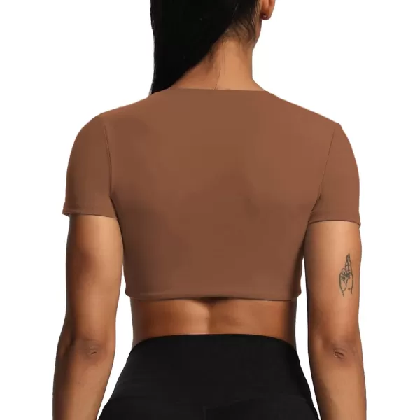 Aoxjox Short Sleeve Crop Tops for Women Sienna Twist Deep V Workout Crop T Shirt TopDandelion Brown