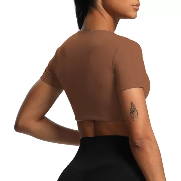 Aoxjox Short Sleeve Crop Tops for Women Sienna Twist Deep V Workout Crop T Shirt TopDandelion Brown
