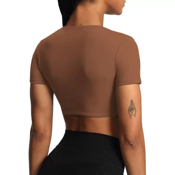 Aoxjox Short Sleeve Crop Tops for Women Sienna Twist Deep V Workout Crop T Shirt TopDandelion Brown