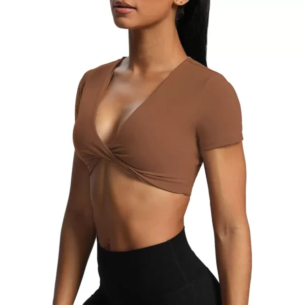 Aoxjox Short Sleeve Crop Tops for Women Sienna Twist Deep V Workout Crop T Shirt TopDandelion Brown