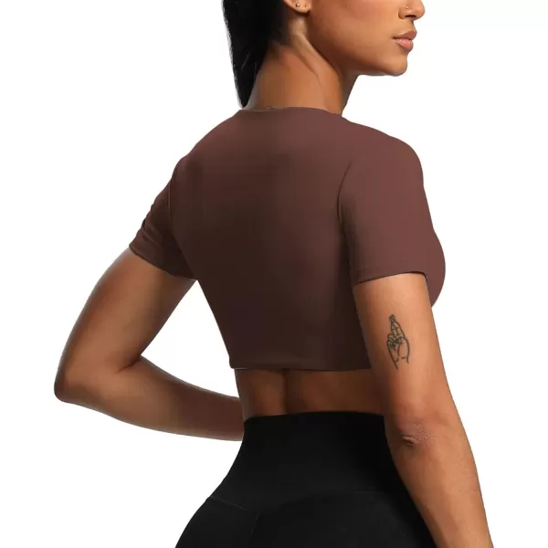Aoxjox Short Sleeve Crop Tops for Women Sienna Twist Deep V Workout Crop T Shirt TopDark Brown