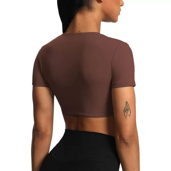 Aoxjox Short Sleeve Crop Tops for Women Sienna Twist Deep V Workout Crop T Shirt TopDark Brown