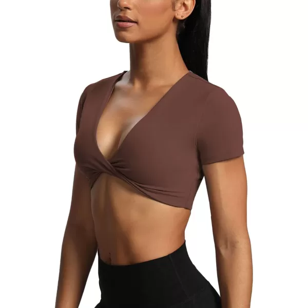 Aoxjox Short Sleeve Crop Tops for Women Sienna Twist Deep V Workout Crop T Shirt TopDark Brown