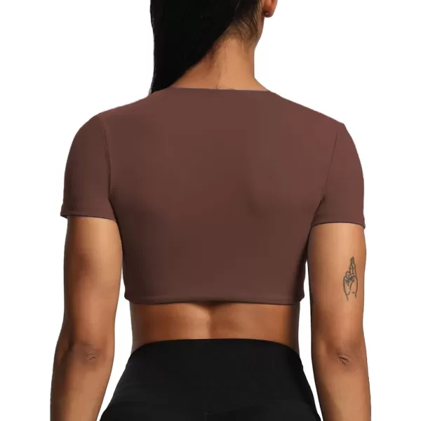 Aoxjox Short Sleeve Crop Tops for Women Sienna Twist Deep V Workout Crop T Shirt TopDark Brown