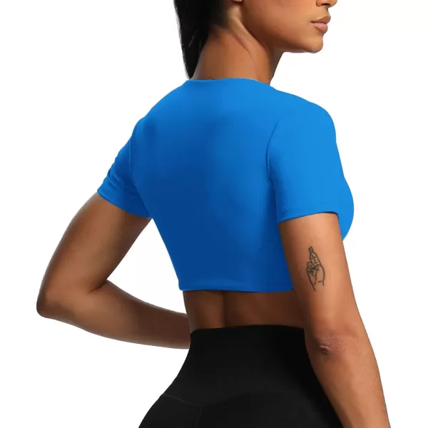 Aoxjox Short Sleeve Crop Tops for Women Sienna Twist Deep V Workout Crop T Shirt TopDirectoire Blue