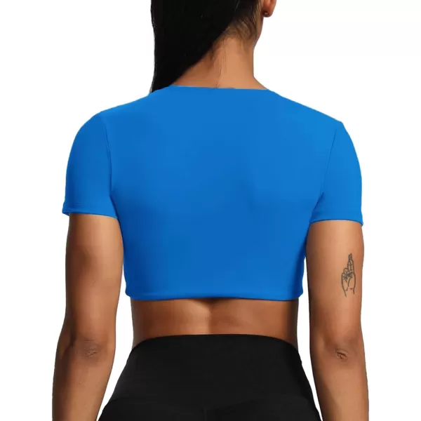 Aoxjox Short Sleeve Crop Tops for Women Sienna Twist Deep V Workout Crop T Shirt TopDirectoire Blue