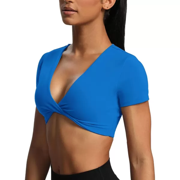 Aoxjox Short Sleeve Crop Tops for Women Sienna Twist Deep V Workout Crop T Shirt TopDirectoire Blue