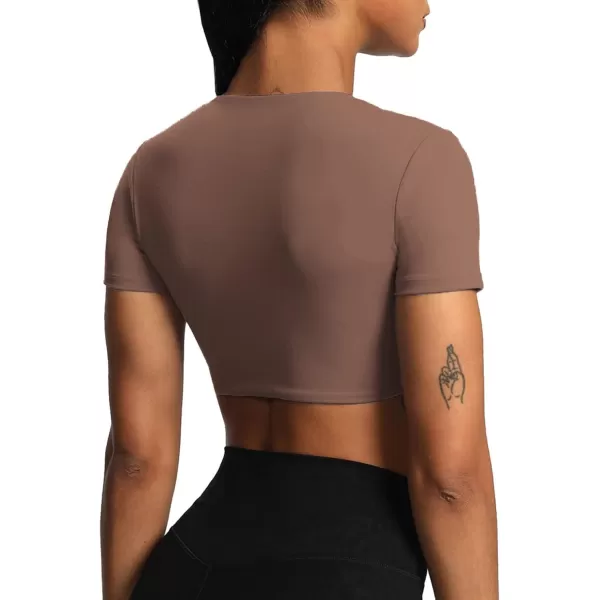 Aoxjox Short Sleeve Crop Tops for Women Sienna Twist Deep V Workout Crop T Shirt TopFudge Coffee