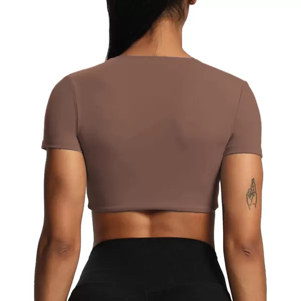 Aoxjox Short Sleeve Crop Tops for Women Sienna Twist Deep V Workout Crop T Shirt TopFudge Coffee