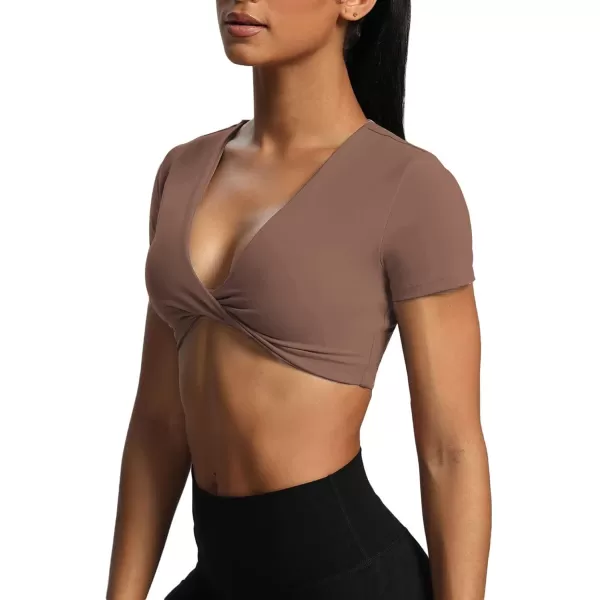 Aoxjox Short Sleeve Crop Tops for Women Sienna Twist Deep V Workout Crop T Shirt TopFudge Coffee