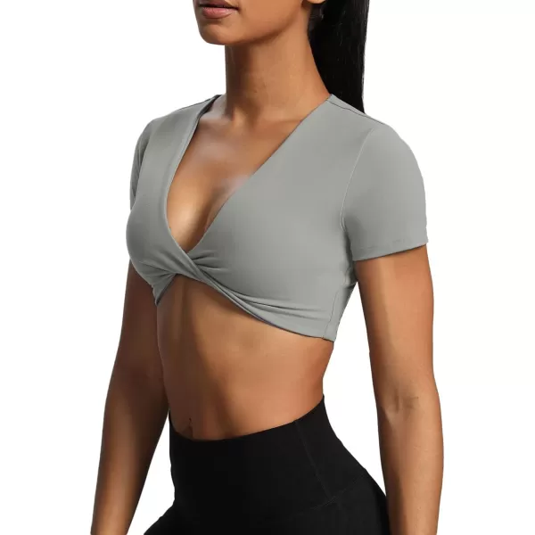 Aoxjox Short Sleeve Crop Tops for Women Sienna Twist Deep V Workout Crop T Shirt TopGrey