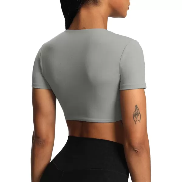 Aoxjox Short Sleeve Crop Tops for Women Sienna Twist Deep V Workout Crop T Shirt TopGrey