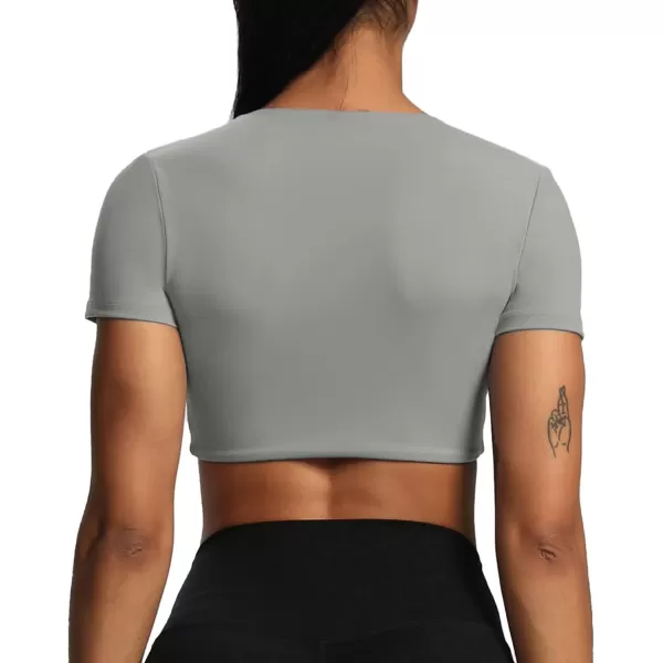 Aoxjox Short Sleeve Crop Tops for Women Sienna Twist Deep V Workout Crop T Shirt TopGrey