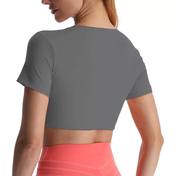 Aoxjox Short Sleeve Crop Tops for Women Sienna Twist Deep V Workout Crop T Shirt TopIron Grey
