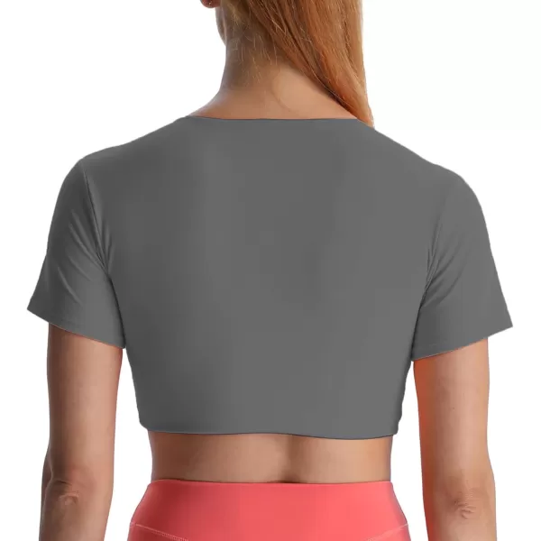 Aoxjox Short Sleeve Crop Tops for Women Sienna Twist Deep V Workout Crop T Shirt TopIron Grey