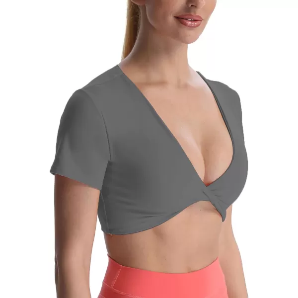 Aoxjox Short Sleeve Crop Tops for Women Sienna Twist Deep V Workout Crop T Shirt TopIron Grey