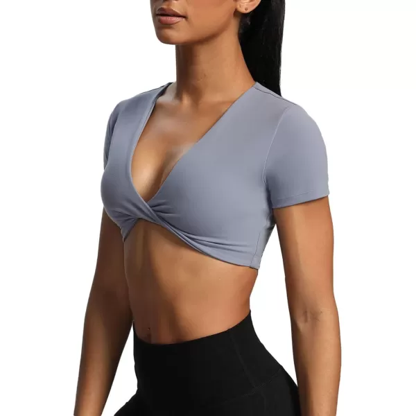 Aoxjox Short Sleeve Crop Tops for Women Sienna Twist Deep V Workout Crop T Shirt TopLazuli