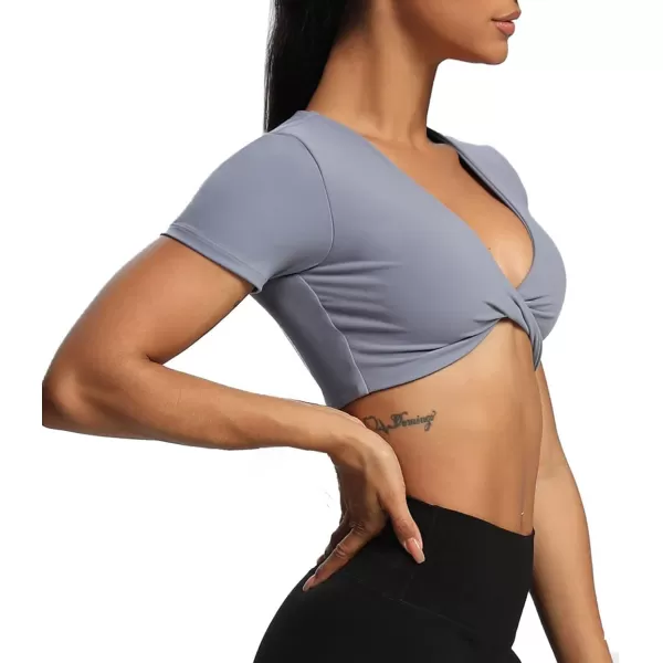 Aoxjox Short Sleeve Crop Tops for Women Sienna Twist Deep V Workout Crop T Shirt TopLazuli