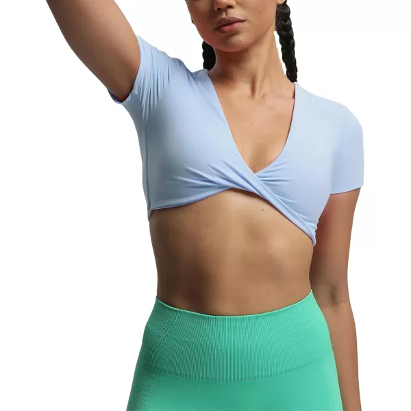 Aoxjox Short Sleeve Crop Tops for Women Sienna Twist Deep V Workout Crop T Shirt TopLight Blue