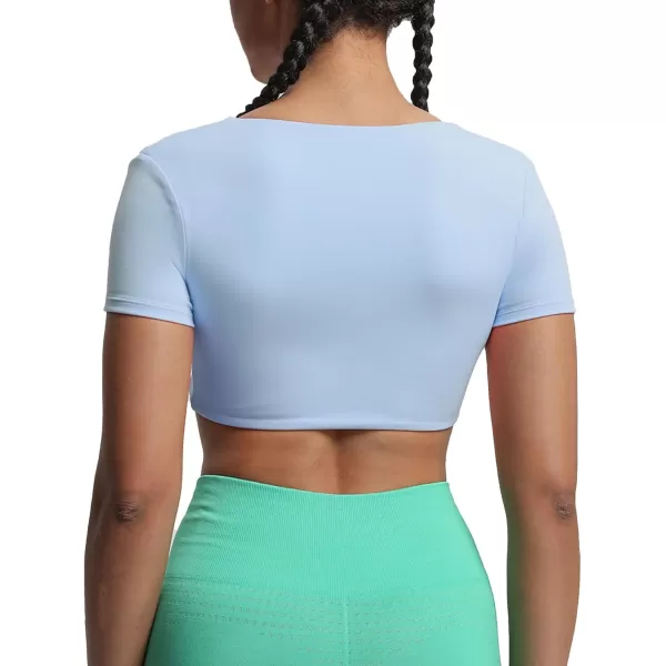 Aoxjox Short Sleeve Crop Tops for Women Sienna Twist Deep V Workout Crop T Shirt TopLight Blue