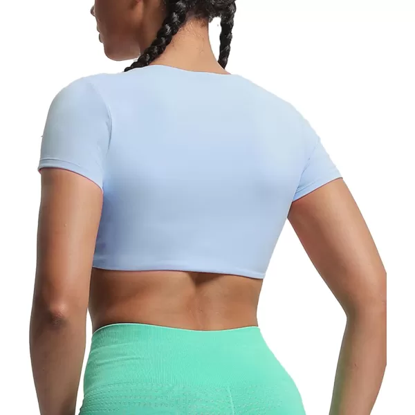 Aoxjox Short Sleeve Crop Tops for Women Sienna Twist Deep V Workout Crop T Shirt TopLight Blue