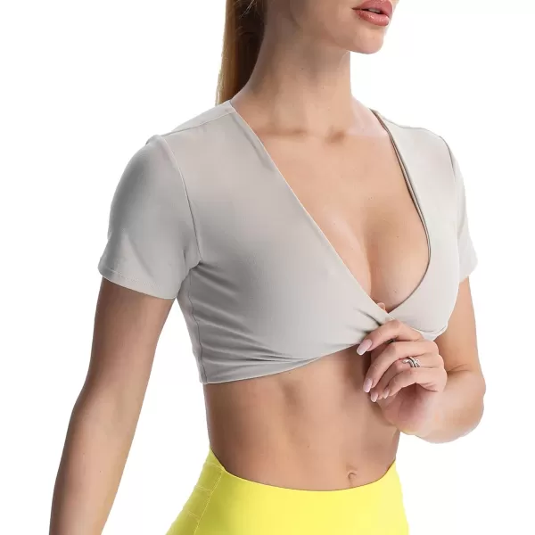 Aoxjox Short Sleeve Crop Tops for Women Sienna Twist Deep V Workout Crop T Shirt TopMink