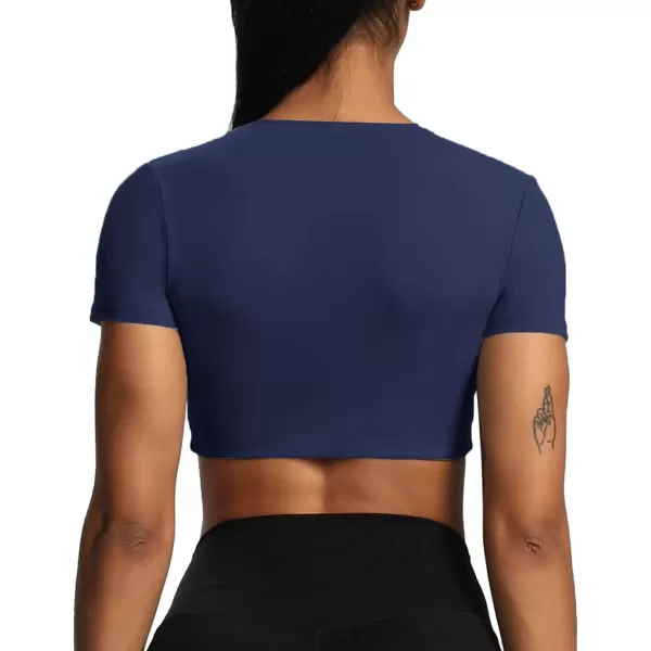Aoxjox Short Sleeve Crop Tops for Women Sienna Twist Deep V Workout Crop T Shirt TopNavy