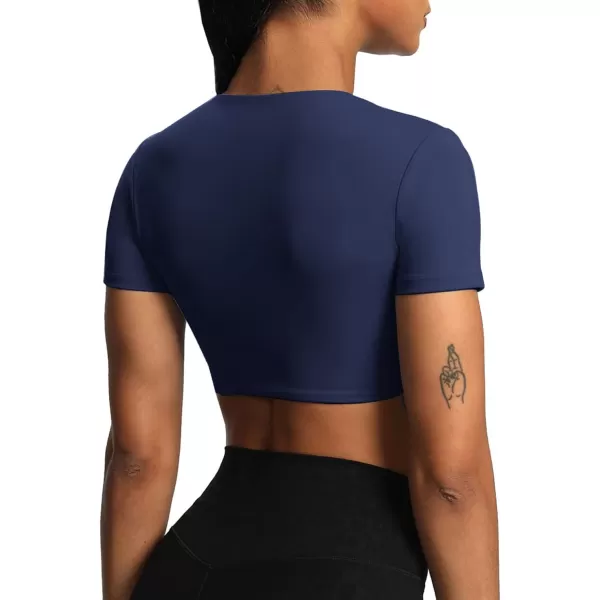 Aoxjox Short Sleeve Crop Tops for Women Sienna Twist Deep V Workout Crop T Shirt TopNavy