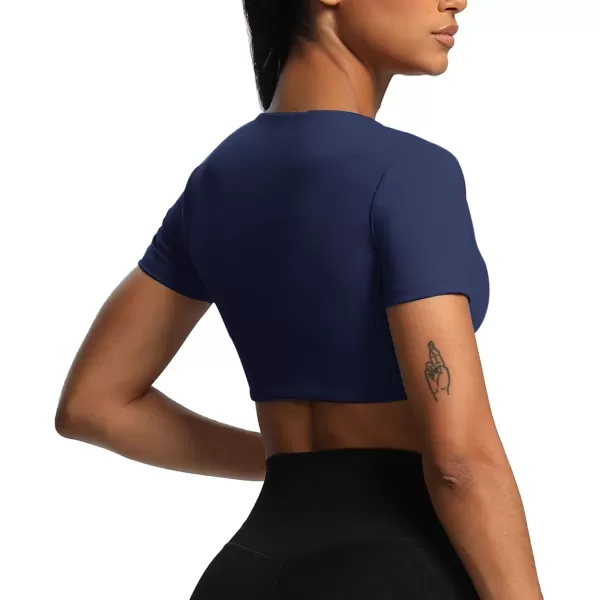Aoxjox Short Sleeve Crop Tops for Women Sienna Twist Deep V Workout Crop T Shirt TopNavy