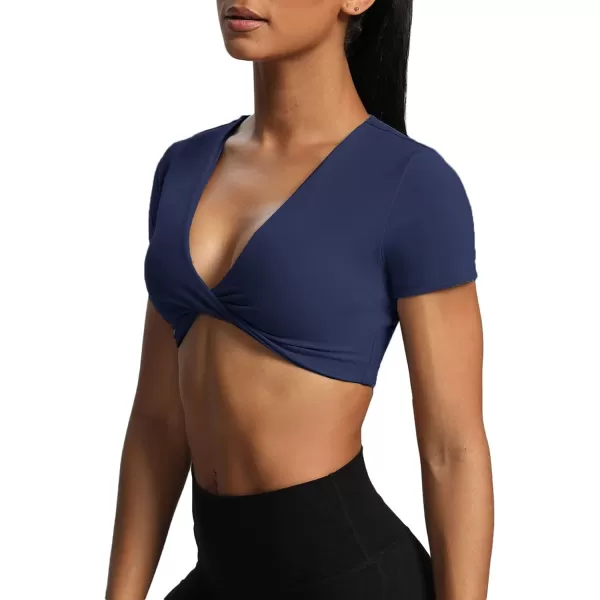 Aoxjox Short Sleeve Crop Tops for Women Sienna Twist Deep V Workout Crop T Shirt TopNavy