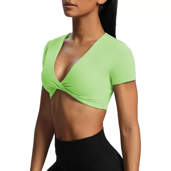 Aoxjox Short Sleeve Crop Tops for Women Sienna Twist Deep V Workout Crop T Shirt TopParadise Green