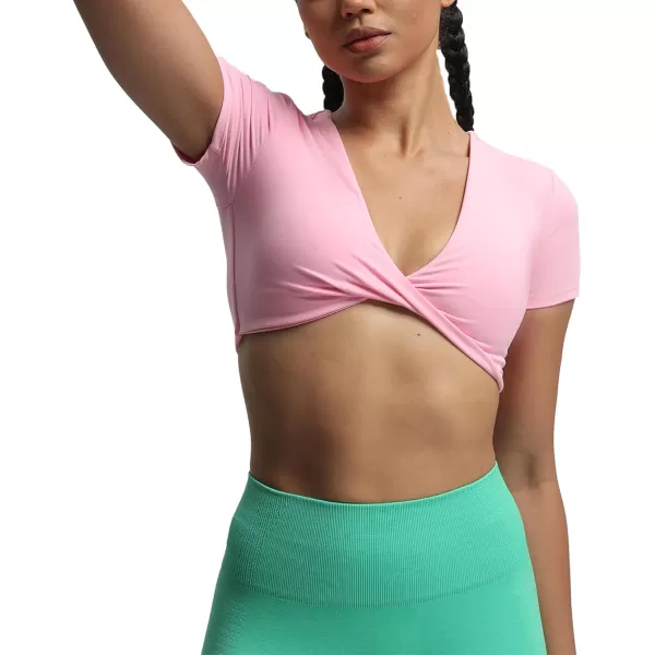 Aoxjox Short Sleeve Crop Tops for Women Sienna Twist Deep V Workout Crop T Shirt TopPrism Pink