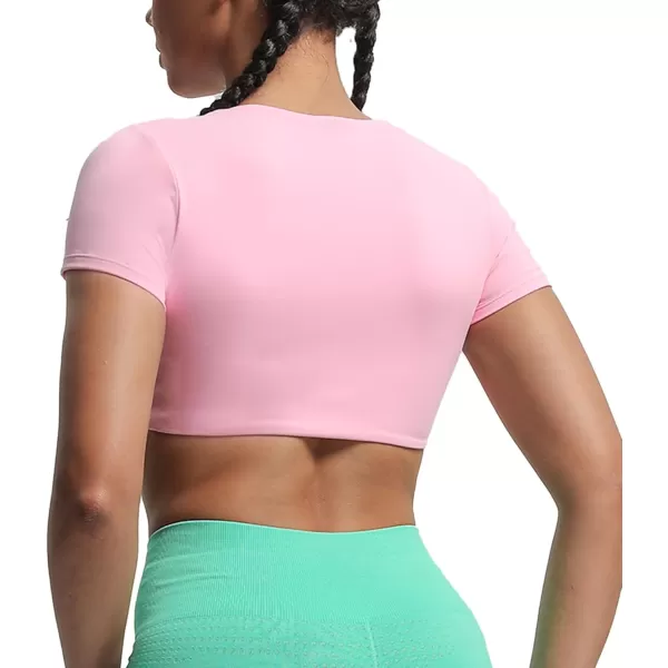 Aoxjox Short Sleeve Crop Tops for Women Sienna Twist Deep V Workout Crop T Shirt TopPrism Pink