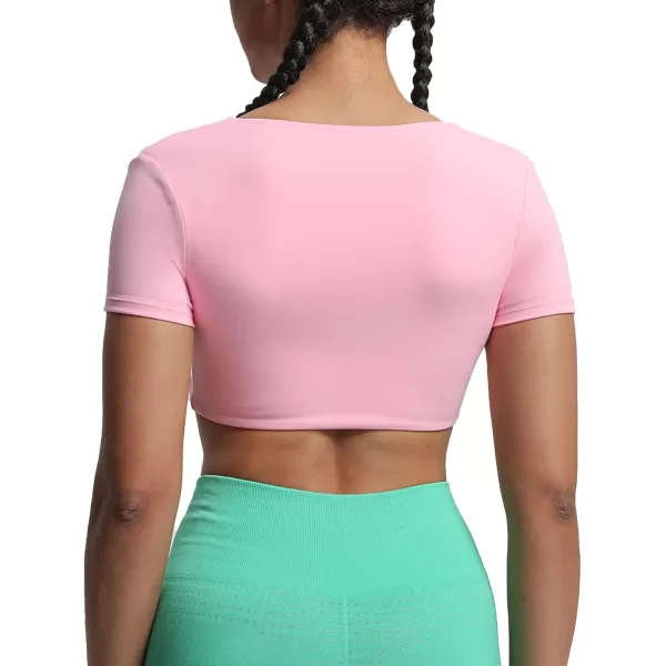 Aoxjox Short Sleeve Crop Tops for Women Sienna Twist Deep V Workout Crop T Shirt TopPrism Pink