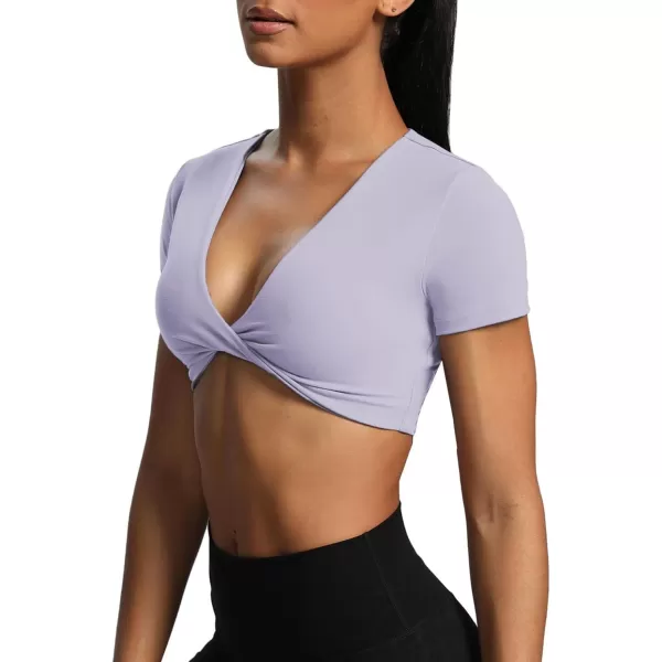 Aoxjox Short Sleeve Crop Tops for Women Sienna Twist Deep V Workout Crop T Shirt TopPurple Heather