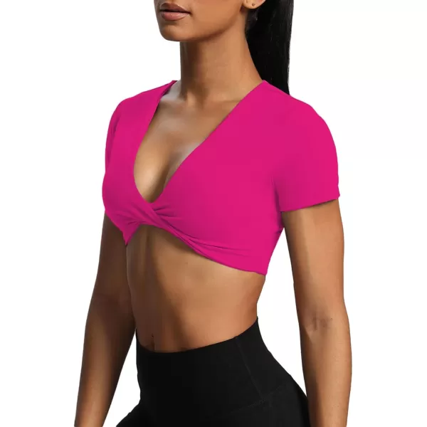 Aoxjox Short Sleeve Crop Tops for Women Sienna Twist Deep V Workout Crop T Shirt TopRose Red