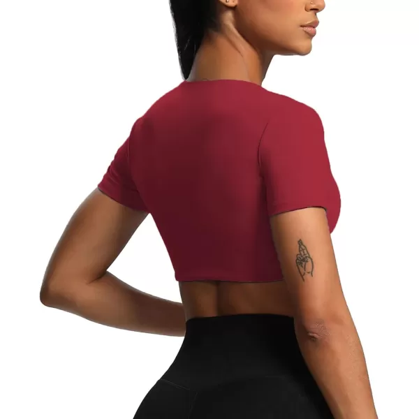 Aoxjox Short Sleeve Crop Tops for Women Sienna Twist Deep V Workout Crop T Shirt TopRumba Red