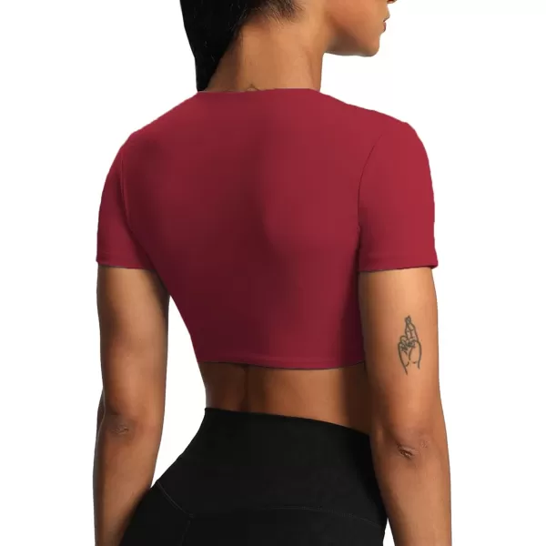 Aoxjox Short Sleeve Crop Tops for Women Sienna Twist Deep V Workout Crop T Shirt TopRumba Red