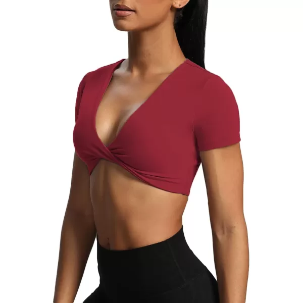 Aoxjox Short Sleeve Crop Tops for Women Sienna Twist Deep V Workout Crop T Shirt TopRumba Red