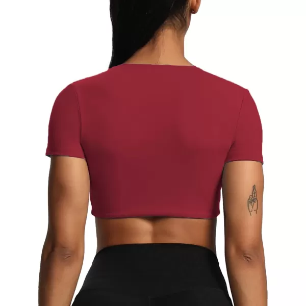 Aoxjox Short Sleeve Crop Tops for Women Sienna Twist Deep V Workout Crop T Shirt TopRumba Red