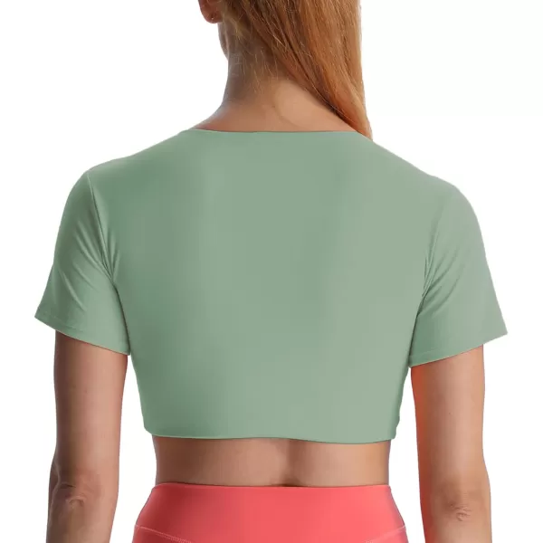 Aoxjox Short Sleeve Crop Tops for Women Sienna Twist Deep V Workout Crop T Shirt TopSage Green