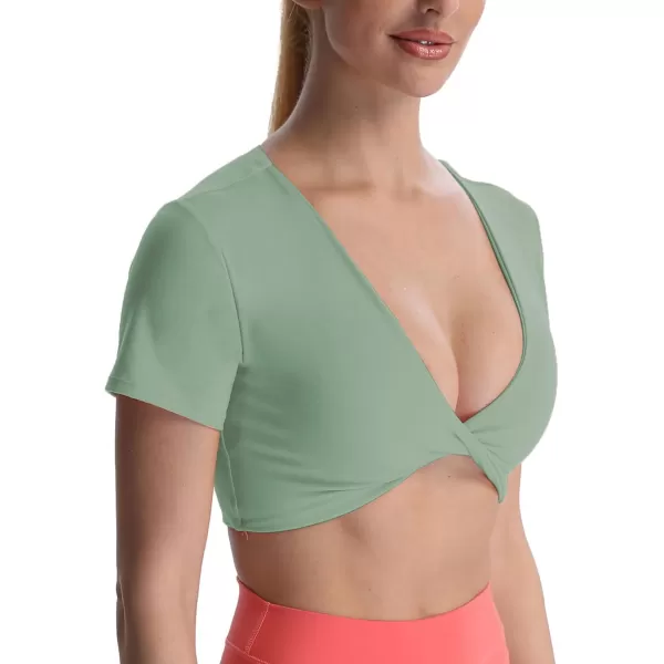 Aoxjox Short Sleeve Crop Tops for Women Sienna Twist Deep V Workout Crop T Shirt TopSage Green