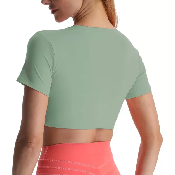 Aoxjox Short Sleeve Crop Tops for Women Sienna Twist Deep V Workout Crop T Shirt TopSage Green