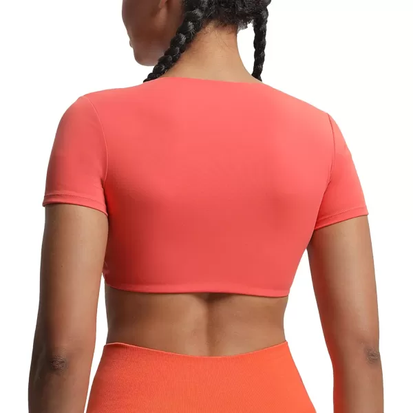 Aoxjox Short Sleeve Crop Tops for Women Sienna Twist Deep V Workout Crop T Shirt TopSpiced Coral