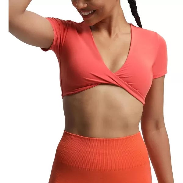 Aoxjox Short Sleeve Crop Tops for Women Sienna Twist Deep V Workout Crop T Shirt TopSpiced Coral