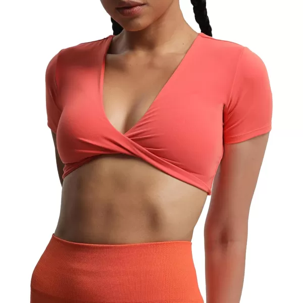 Aoxjox Short Sleeve Crop Tops for Women Sienna Twist Deep V Workout Crop T Shirt TopSpiced Coral