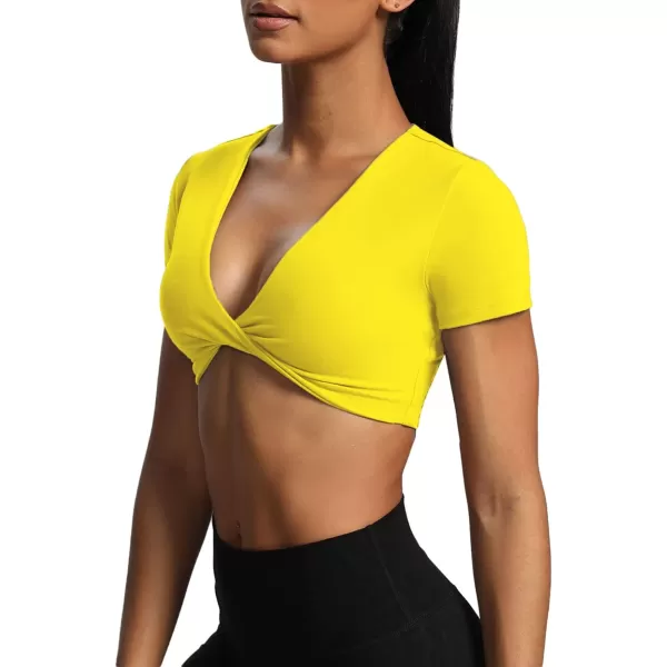 Aoxjox Short Sleeve Crop Tops for Women Sienna Twist Deep V Workout Crop T Shirt TopVibrant Yellow
